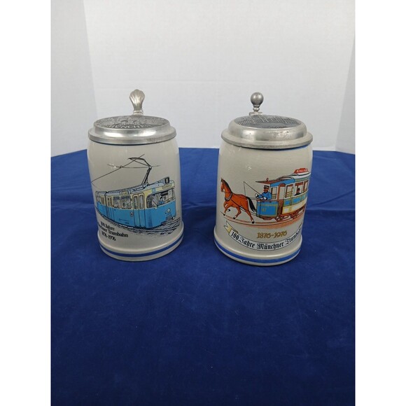 Vintage Munich Tram Beer Stein 100 Year Anniversary Pewter Lid 6” Set of Two (2)
